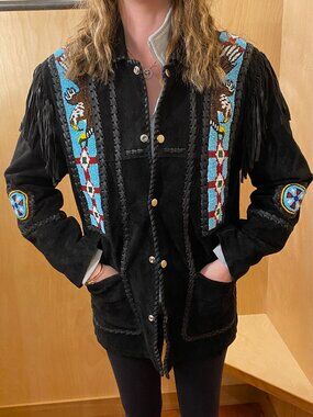 Fringe Beaded Eagle Native Design Braided Suede Leather Jacket - Size 4 Women's